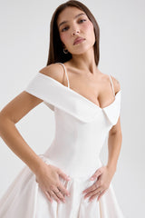 white twill off shoulder mini dress