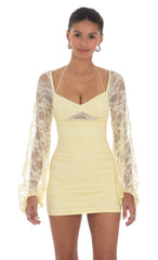 Lace Ruched Long Sleeve Dress in Yellow