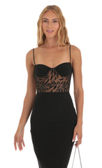 Mesh Shimmer Cutout Midi Dress in Black