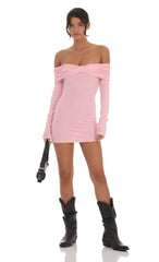 Twist Ribbed Off Shoulder Sweater Dress in Pink