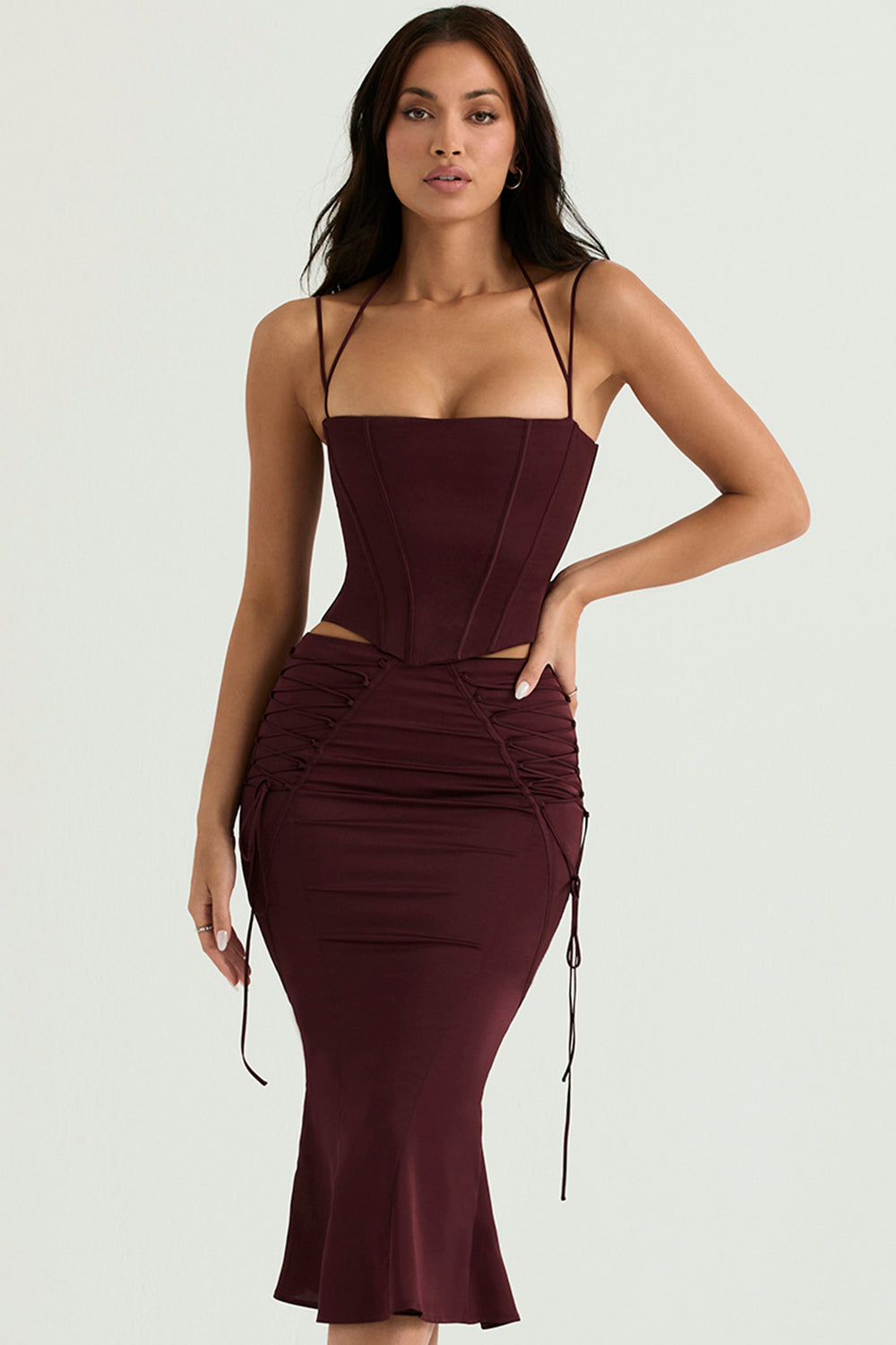 wine satin lace up midi skirt