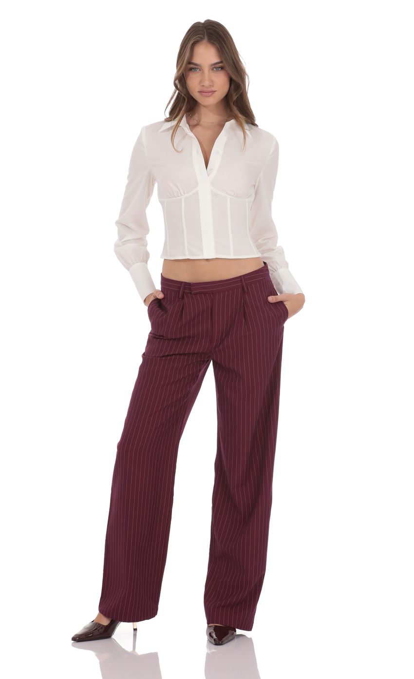 Pinstripe Wide Leg Linen Pants in Burgundy