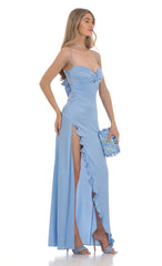 Satin Front Twist Strappy Maxi Dress in Blue