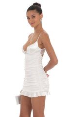 Satin Ruched Ruffle Dress in White