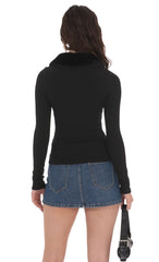 Fur Collar Zip-Up Cardigan in Black