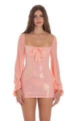 Sequin Balloon Sleeve Bodycon Dress in Coral