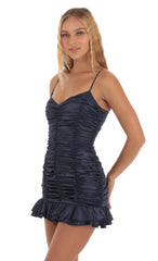 Satin Ruched Bodycon Dress in Navy