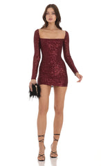 Sequin Long Sleeve Dress in Maroon