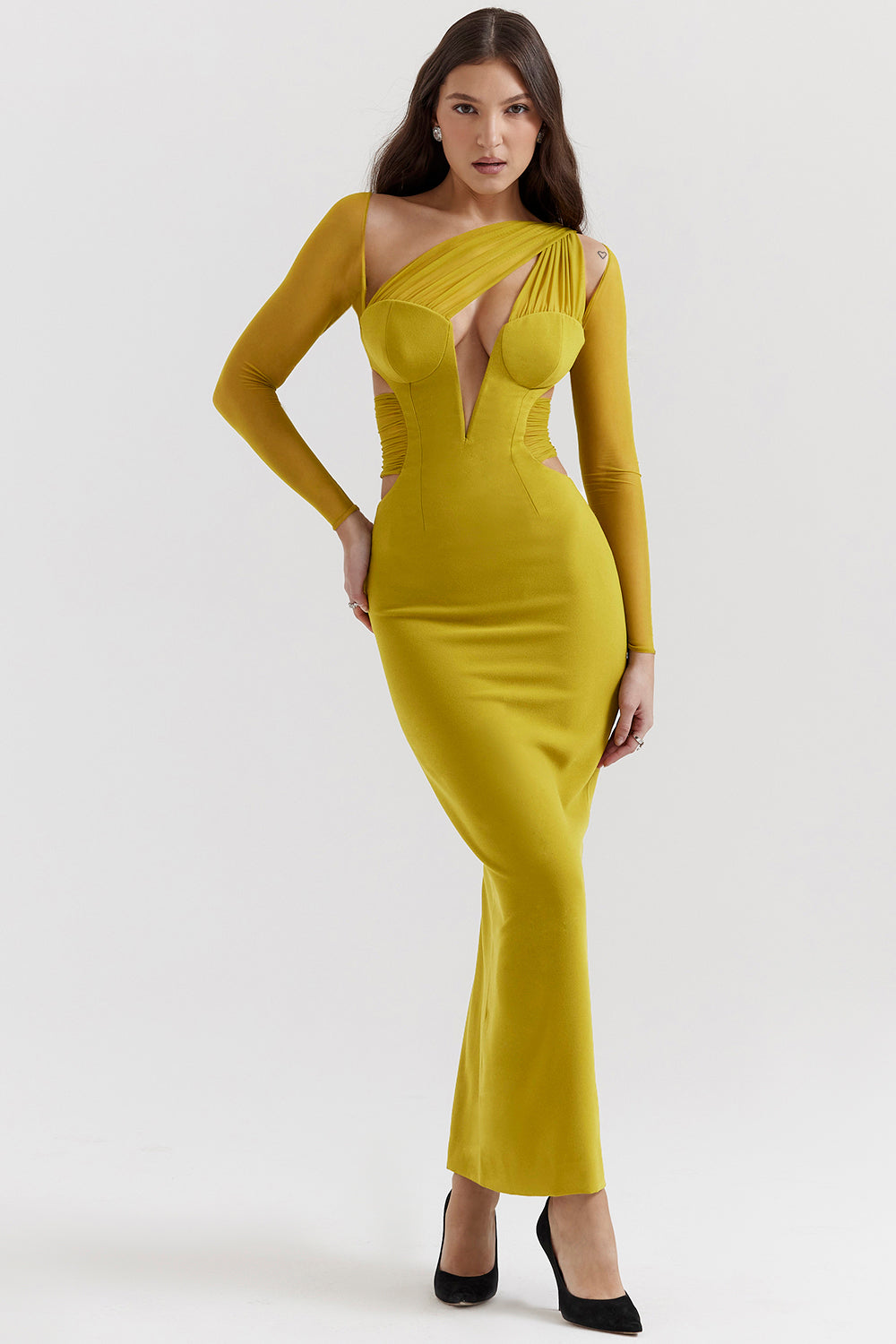 chartreuse plunge maxi dress