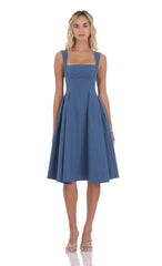 Square Neck Flare Midi Dress in Denim Blue