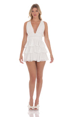 Plunge Neck Ruffle Dress in White