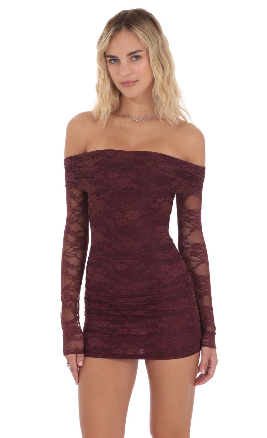 Off Shoulder Long Sleeve Lace Dress in Burgundy