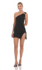 Ruched One Shoulder Dress in Black