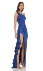 Satin Off Shoulder Maxi Dress in Blue