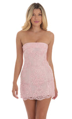 Embroidered Floral Strapless Dress in Pink