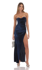 Strapless Velvet Sequin Bust Maxi Dress in Navy