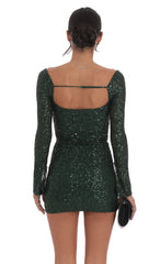 Knit Sequin Long Sleeve Dress in Green