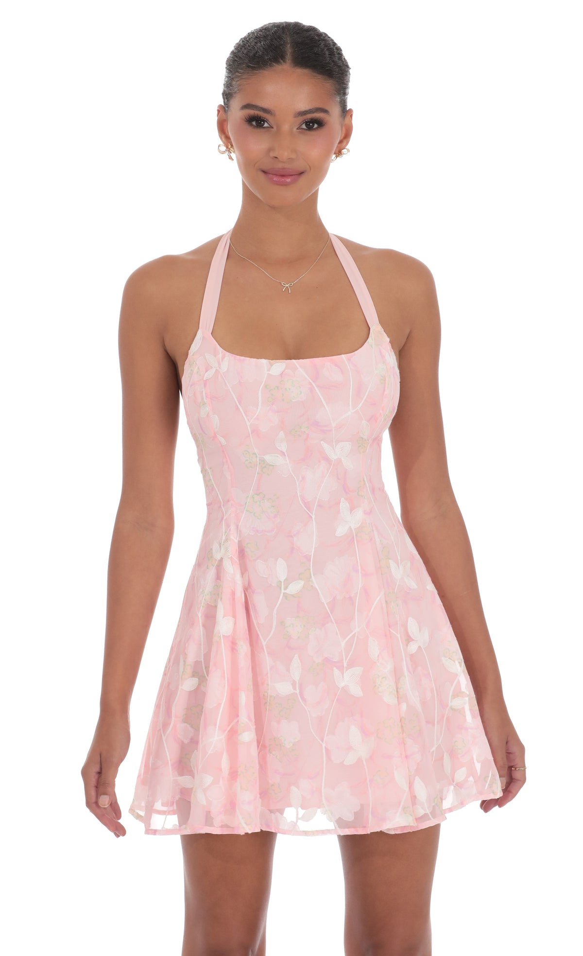 Floral Halter Open Back Dress in Pink
