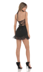 Flower Choker Square Neck Ruffle Dress in Black