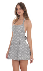 Floral Striped Halter Open Back Dress in Black and White