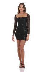 Sequin Square Neck Bodycon Dress in Black
