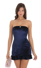 Velvet Strapless Ruffle Dress in Navy