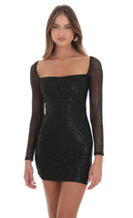 Sequin Square Neck Bodycon Dress in Black