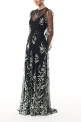 Long Sleeve Embroidered Tulle Gown