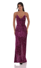 Velvet Sequin Back Bow Maxi Dress in Plum