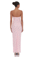 Mesh Floral Strapless Cutout Maxi Dress in Pink
