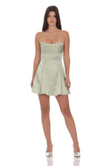 Satin Draped A-Line Dress in Sage