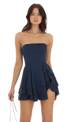 Satin Strapless Asymmetrical Dress in Navy
