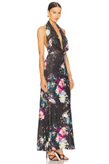 Floral Jersey Deep Cowl Neck Gown