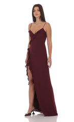 Ruffle V-Neck Maxi Dress in Burgundy