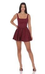 Floral Jacquard Open Back Bow Dress in Burgundy
