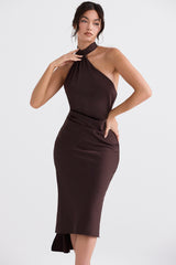chocolate wrap neck midi dress