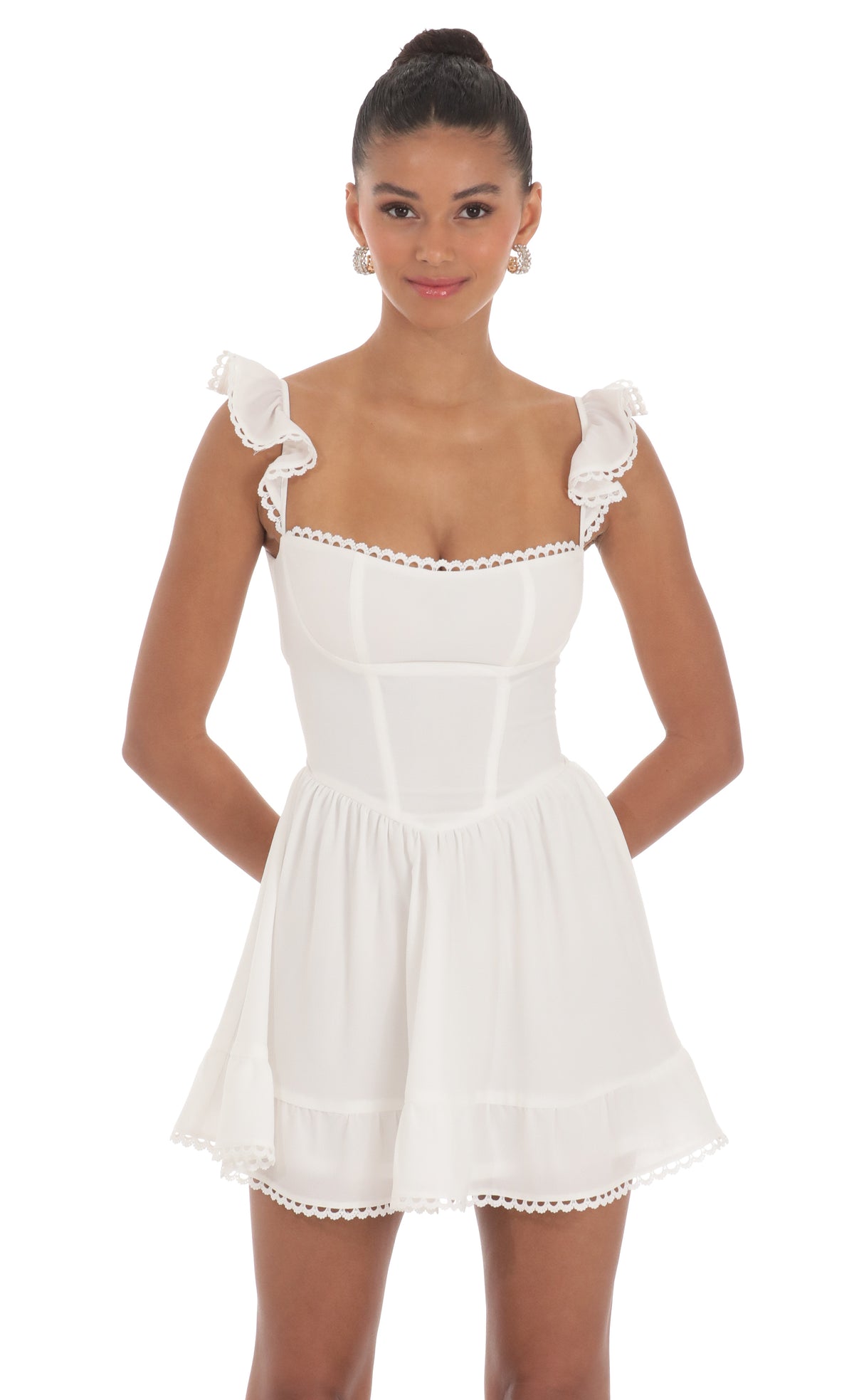 Embroidered Trim A-line Dress in White