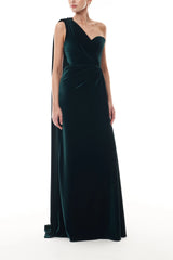 One Shoulder Deep Green Velvet Gown