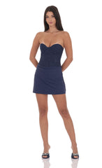 Draped Waist Lace Corset Dress in Navy