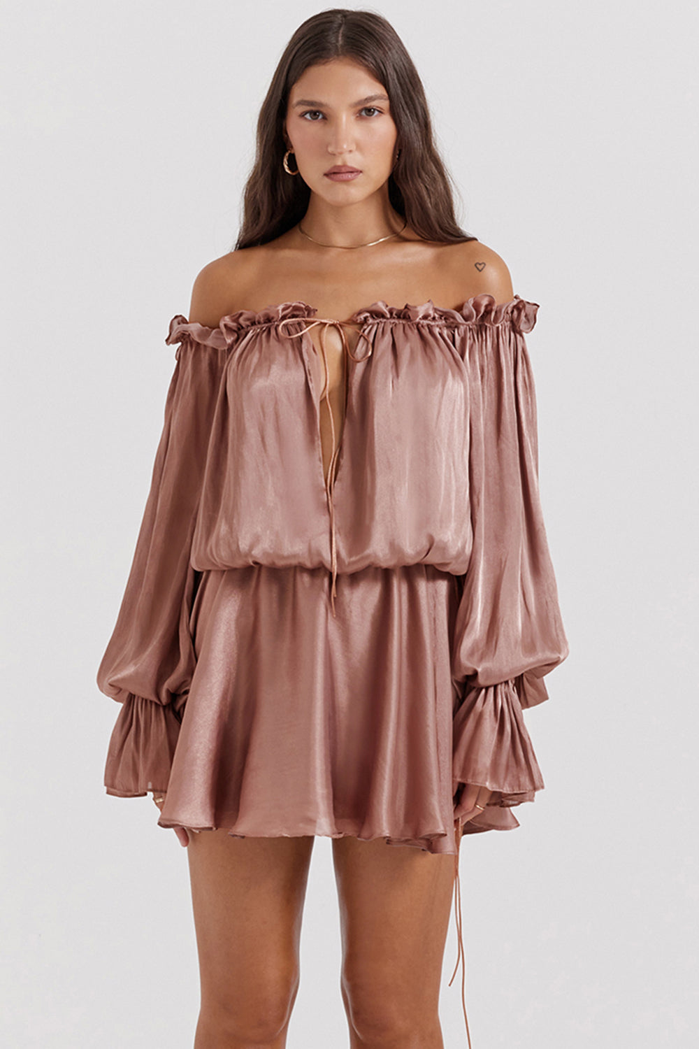hazelnut off shoulder dress
