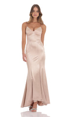 Satin Open Back Mermaid Maxi Dress in Champagne