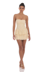 Lace Strapless Ruched Ruffle Dress in Beige