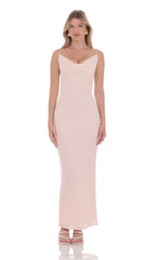 Lace Cowl Neck Maxi Dress in Pink