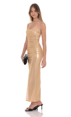Strapless Metallic Mesh Maxi Dress in Gold