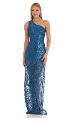 Sequin One Shoulder Maxi Dress in Blue