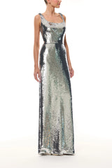 Silver Sequin Scoop Neck Gown