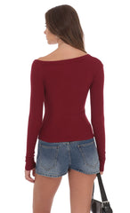 Off Shoulder Henley Top in Maroon