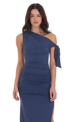 Off Shoulder Tie Strap Maxi Dress in Blue