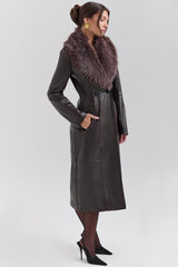 brown faux fur trimmed vegan leather coat