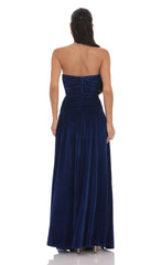 Velvet Ruched Drop Waist Maxi Dress in Navy